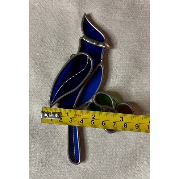 Vintage Stained Glass Blue Bird Suncatcher Cobalt Blue Green Leaves 6x3 - Picture 6 of 9